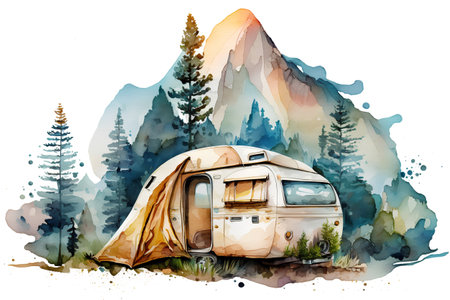 Watercolor illustration of a camping in the mountains with a camperの素材