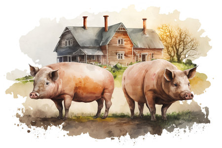 Watercolor illustration of two pigs in front of a farm house.の素材