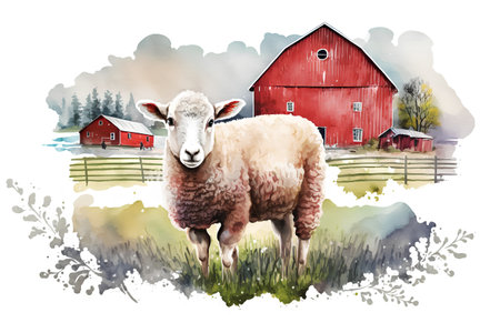 Watercolor illustration of a sheep standing in front of a red barnの素材