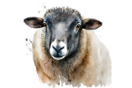 Watercolor portrait of a sheep isolated on white background. Hand-drawn illustration.の素材