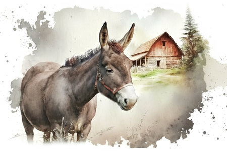 Watercolor painting of a donkey in front of a rustic barnの素材