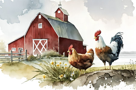 Watercolor illustration of a red barn with a rooster and a hen.の素材