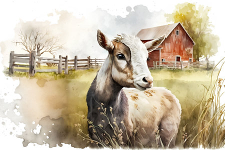 Watercolor portrait of a white donkey standing in front of a red barnの素材