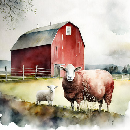 Watercolor illustration of a red barn and sheep on a farm.の素材