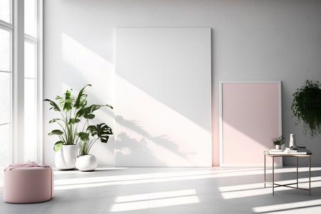 Interior of modern living room with white walls, tiled floor, white mock up poster frame and potted plants. 3d renderingの素材