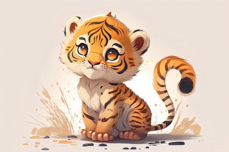 Cute tiger sitting on the ground. Vector illustration of a cartoon tiger.の素材