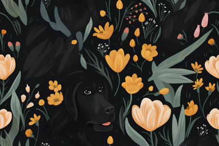 Seamless pattern with black dog and flowers. Vector illustration.の素材