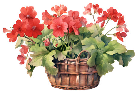 Basket with geranium flowers. Watercolor illustration isolated on white backgroundの素材