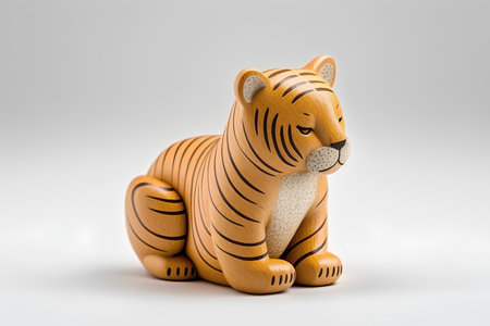 Wooden toy tiger on a white background. Decorative animal.の素材