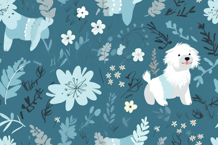 Seamless pattern with cute dog and flowers. Vector illustration.の素材