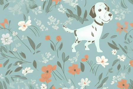 Seamless pattern with dachshund and flowers. Vector illustration.の素材