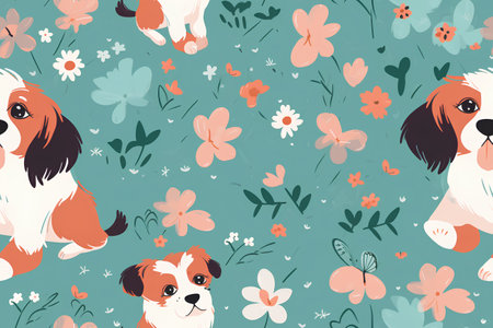 Seamless pattern with cute dogs and flowers. Vector illustration.の素材