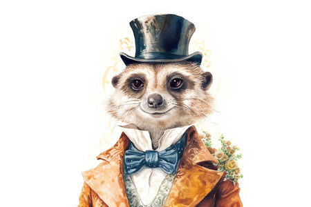 Watercolor portrait of a meerkat in a top hat.の素材