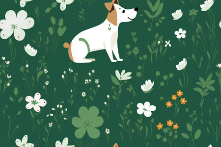 Seamless pattern with cute dog and flowers. Vector illustration.の素材