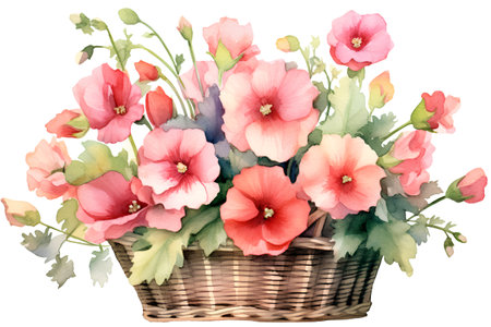 Basket with flowers. Watercolor illustration isolated on white background.の素材