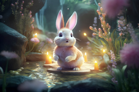 Rabbit and candle in the garden. Easter concept. 3d renderingの素材