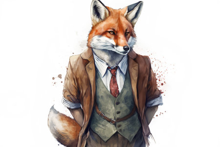 Watercolor portrait of a fox in a jacket and tie. Hand drawn illustrationの素材