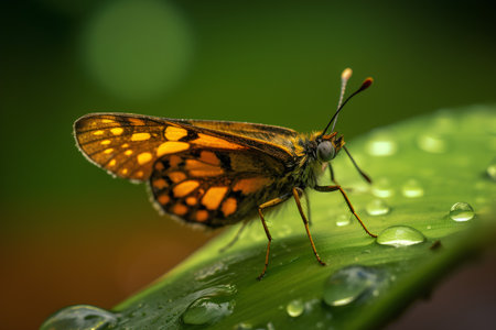 Macro shot of a butterfly on a leaf with water drops.の素材