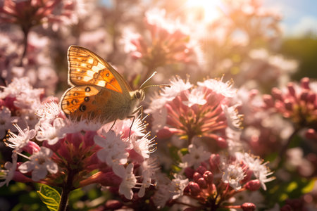 Butterfly on pink flowers in the garden at sunset. Beautiful nature backgroundの素材