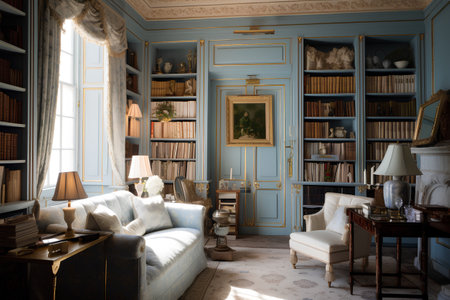 Luxury classic living room with blue walls, classic sofa, armchair and bookcase. 3d renderの素材