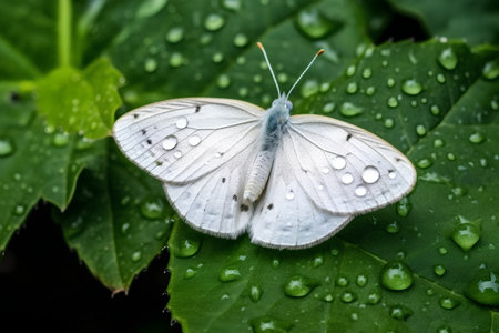 butterfly on green leaf with water drops, close-upの素材