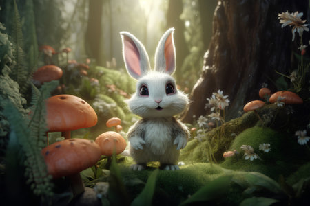 Cute little rabbit in the forest. 3D rendering. Fairy tale.の素材