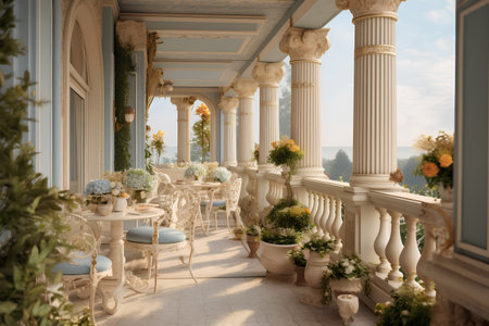 Wedding reception in a luxurious villa with columns and flowers.の素材