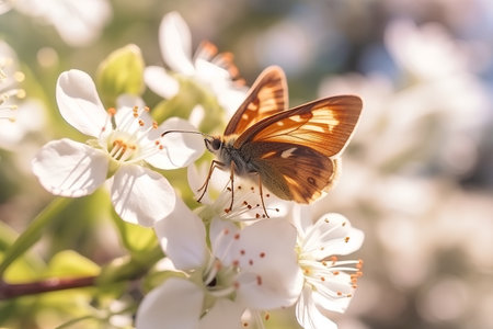 Butterfly on the flowers of a cherry tree in spring.の素材