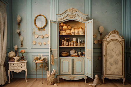 Vintage interior with furniture and mirror. 3d render illustration.の素材