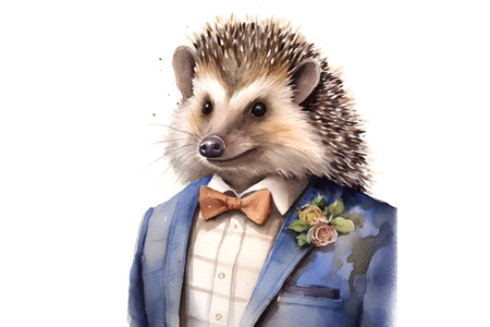 Watercolor portrait of a hedgehog in a suit and bow tieの素材