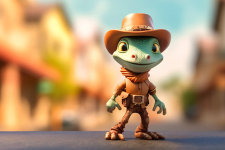 3d rendering of a funny frog wearing a cowboy hat standing in the streetの素材