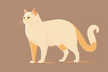 Vector illustration of a white cat standing on its hind legs on a brown background.の素材