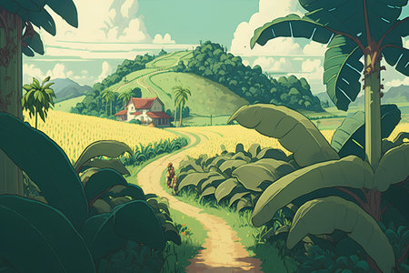 Tropical rice terraces and farm house. Vector illustration.の素材