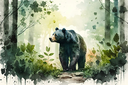 Watercolor painting of a black bear in the forest. Vector illustrationの素材