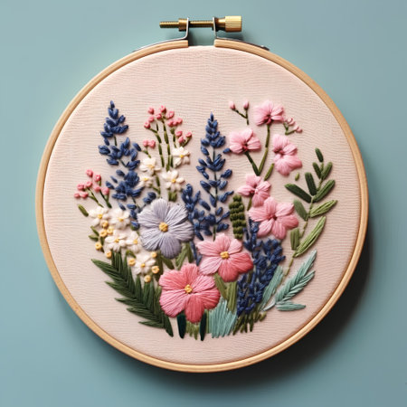 Handmade embroidery on a blue background. Flowers in a circle.の素材