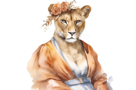 Watercolor portrait of a lioness in a kimono.の素材