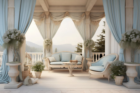 3D render of a beautiful terrace with blue curtains and furnitureの素材