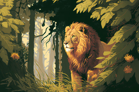 Lion in the forest. Lion in the jungle. Vector illustration.の素材