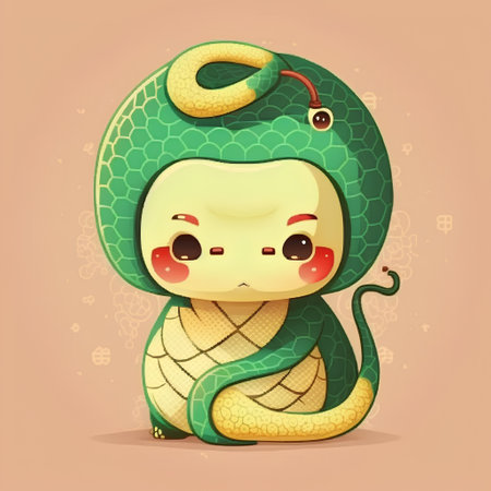 Cute cartoon snake in a green costume on a pink background.の素材