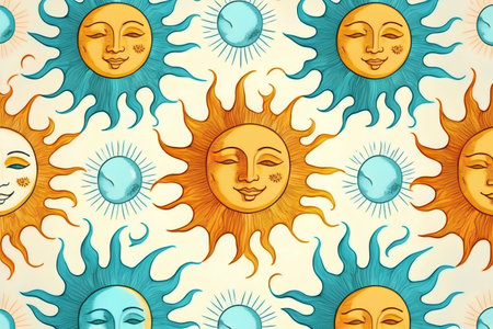 Seamless pattern with suns and faces. Vector illustration.の素材