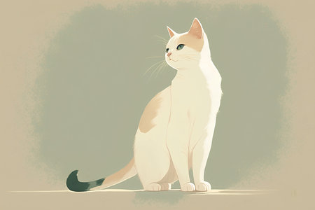 Vector illustration of a white cat sitting on a gray background. Vintage style.の素材