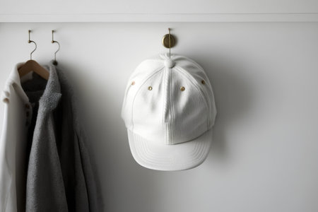 White baseball cap hanging on a hanger on a white wall.の素材
