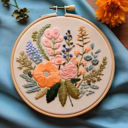 Handmade embroidery hoop with flowers and leaves on a blue backgroundの素材