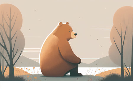 Polar bear sitting on the ground in the autumn forest. Vector illustration.の素材
