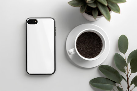 Smartphone mockup with coffee cup and plant on white background.の素材