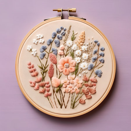Round embroidery hoop with flowers on wooden background, top viewの素材