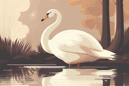 Swan on the lake in the autumn forest. Vector illustration.の素材