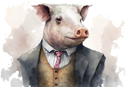 Portrait of a pig in a suit and tie. Watercolor illustrationの素材