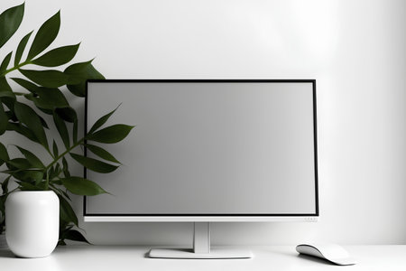 Computer monitor mockup with blank screen on white wall. 3d renderの素材