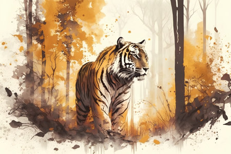 Tiger in the forest. Watercolor painting. Vector illustration.の素材